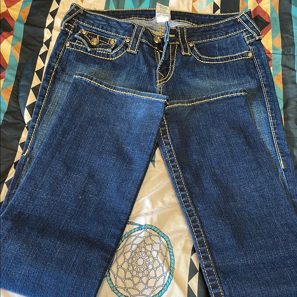 True Religion Blue Boot Cut Jeans with Signature Stitching